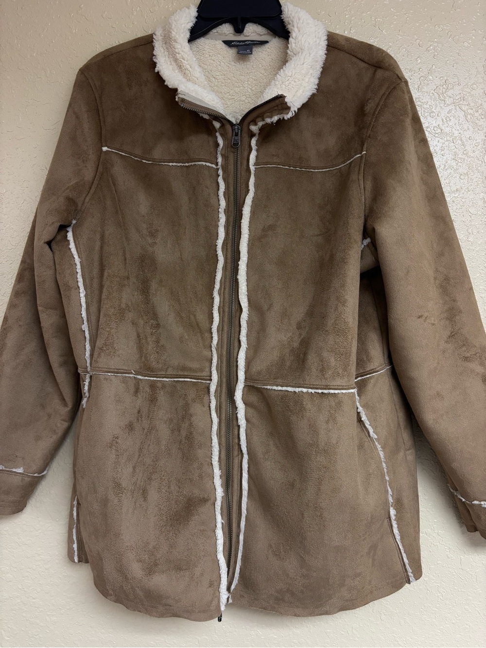 Eddie Bauer Brown Faux Suede Teddy Jacket with Cream Sherpa Trim